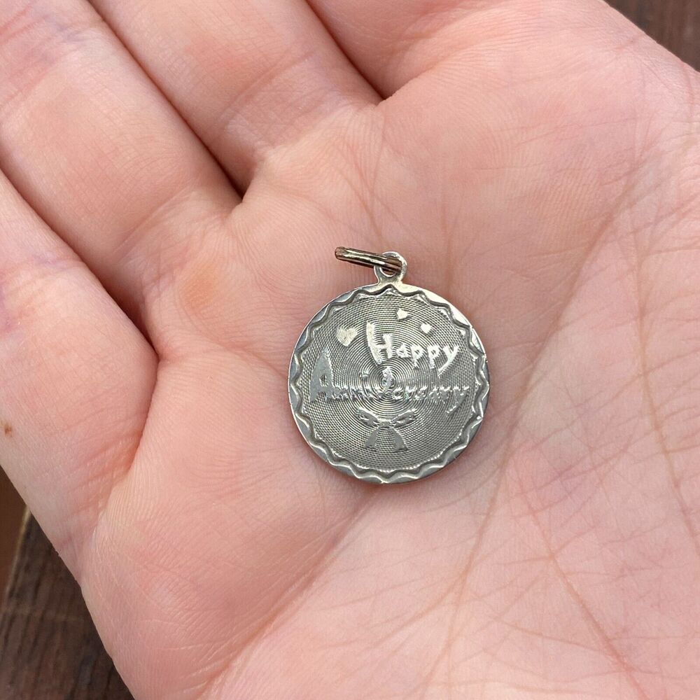 Vintage 925 Sterling Silver "Happy Anniversary" Round Pendant Bracelet Charm